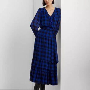 NWT Lauren Ralph Lauren Blue Buffalo Check Belted Georgette A-Line Dress Size 8